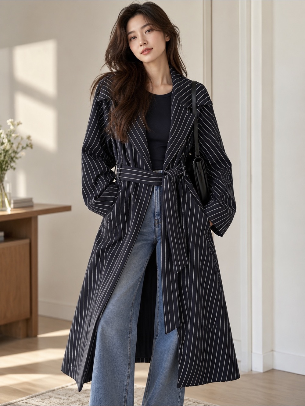 Navy Pinstripe Long Trench Coat | Belted & Draped